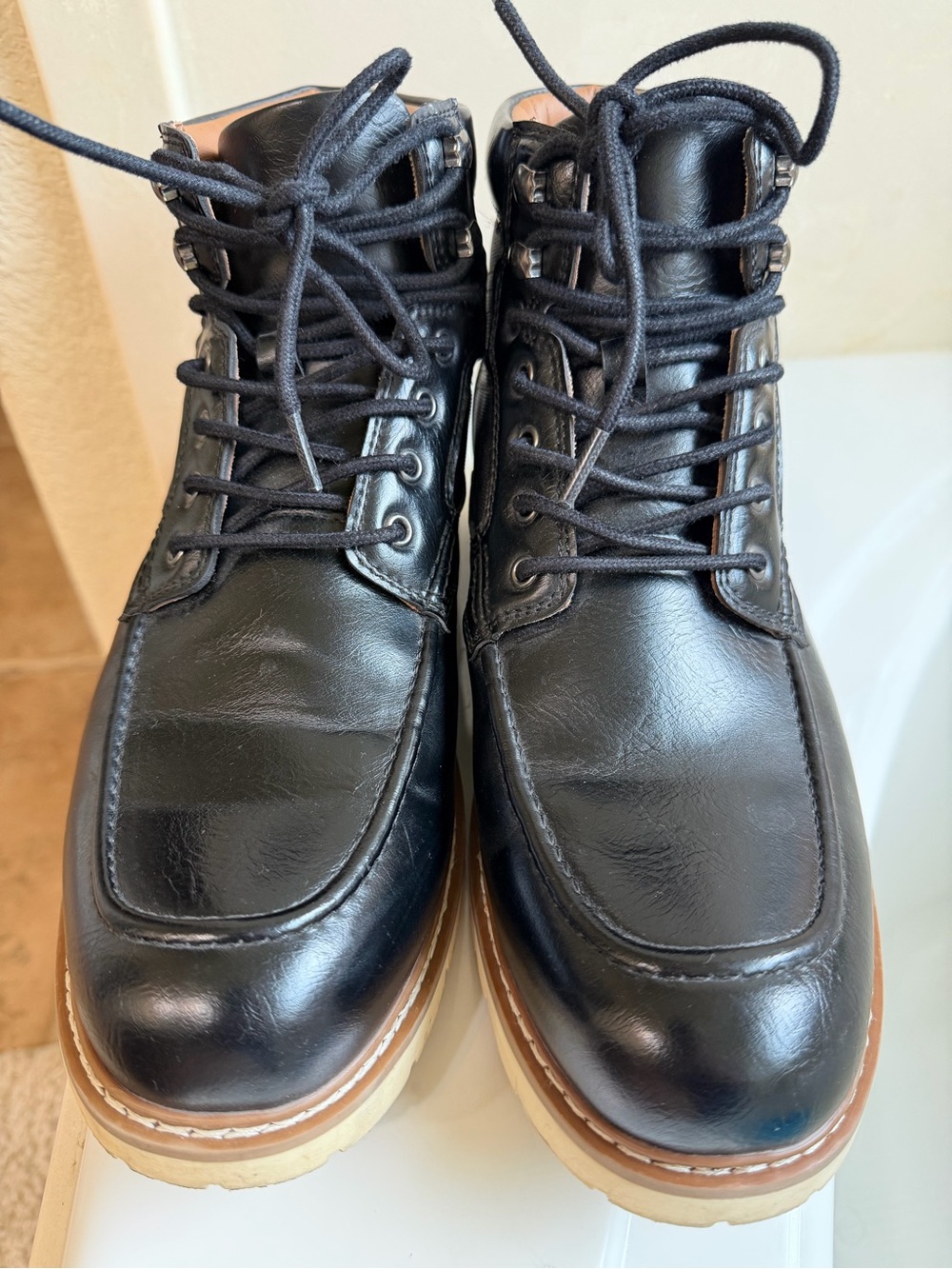 Steve Madden Black Leather Moc-Toe Lace-Up Boots with Tan Crepe Sole